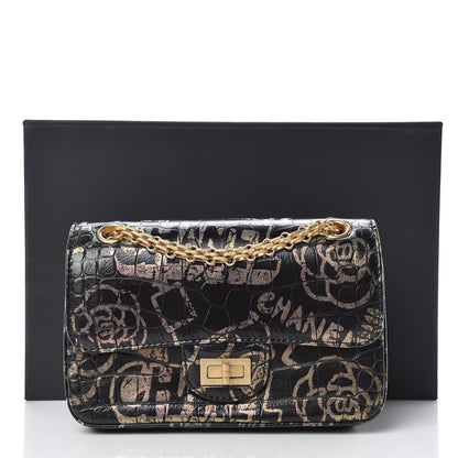 Chanel Calfskin Crocodile Embossed Graffiti 2.55 Mini Cocodile Reissue Flap Black Gold 12 of 12