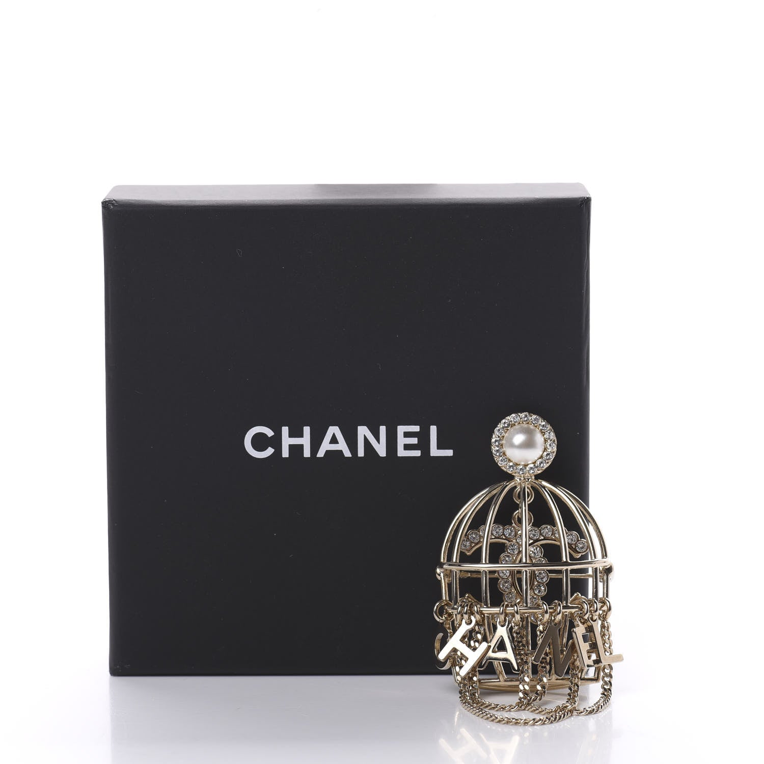 Chanel Pearl Crystal Birdcage Pin Brooch Light Gold 4 of 4