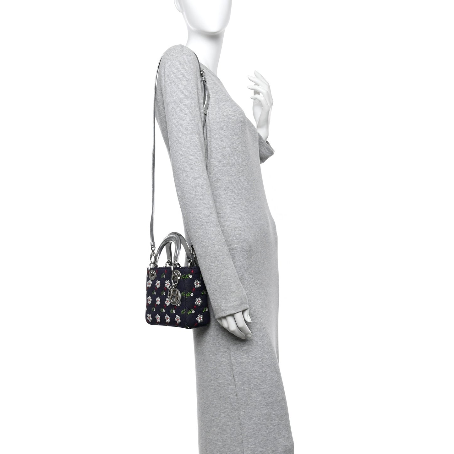 Denim Cannage Floral Embroidered Mini Lady Dior Blue