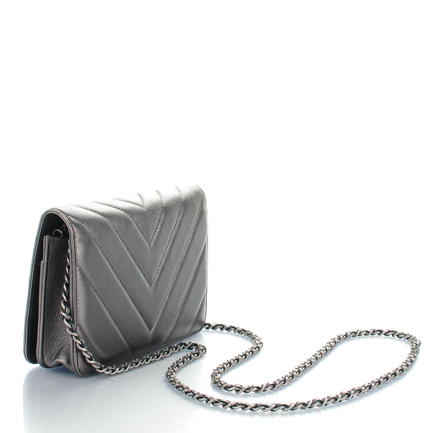Metallic Calfskin Chevron Quilted Wallet On Chain WOC Dark Silver