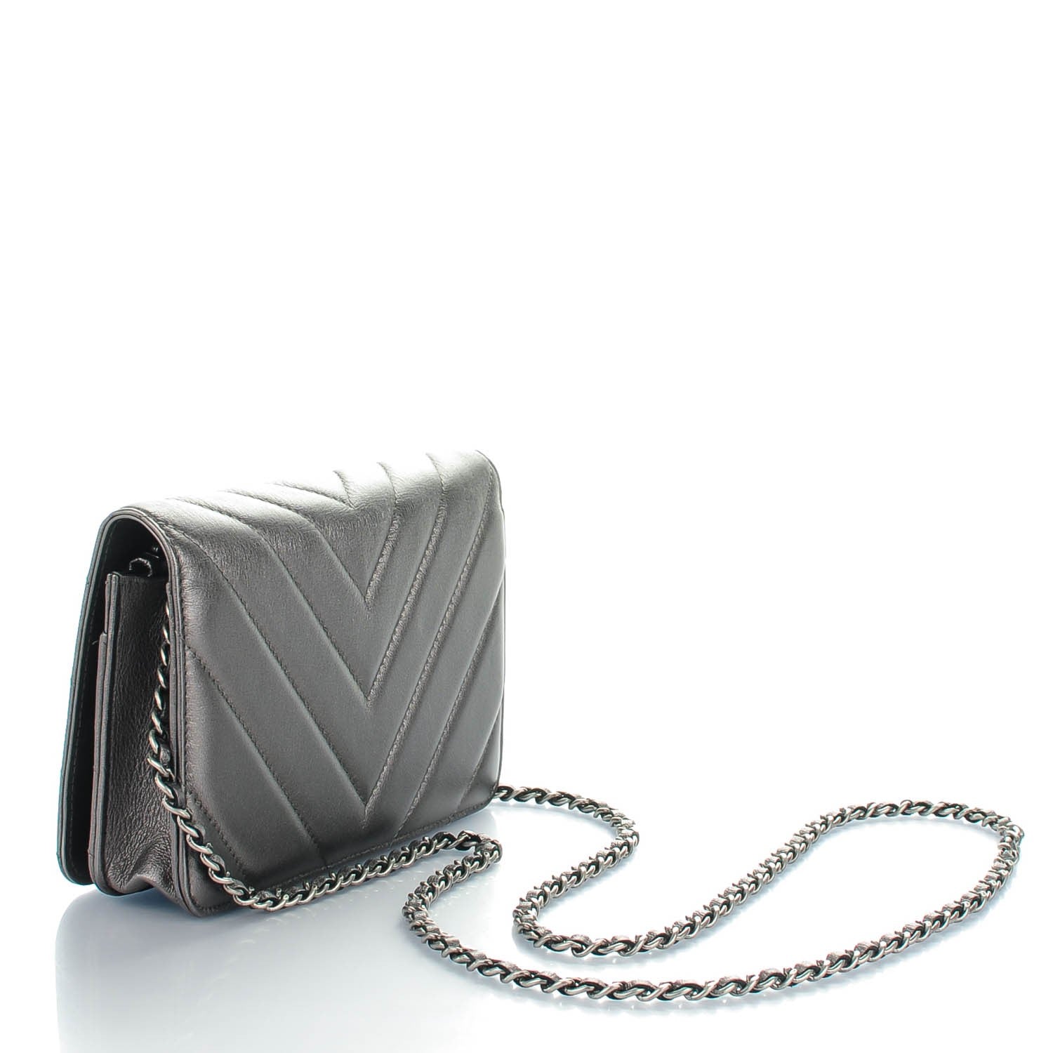 Chanel Metallic Calfskin Chevron Quilted Wallet On Chain WOC Dark Silver 3 of 8