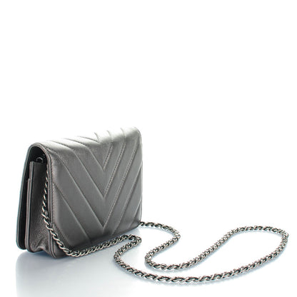Chanel Metallic Calfskin Chevron Quilted Wallet On Chain WOC Dark Silver 3 of 8