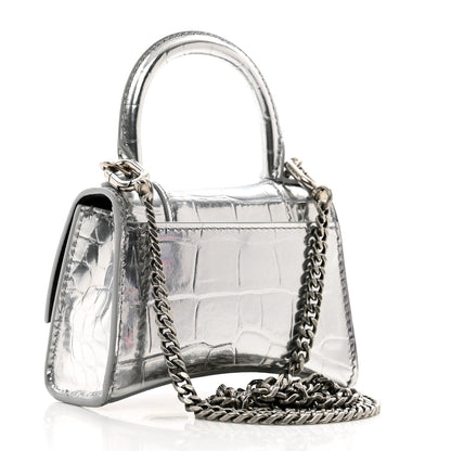 Balenciaga Metallic Calfskin Crocodile Embossed Hourglass Top Handle Bag Mini with Chain Silver 3 of 10