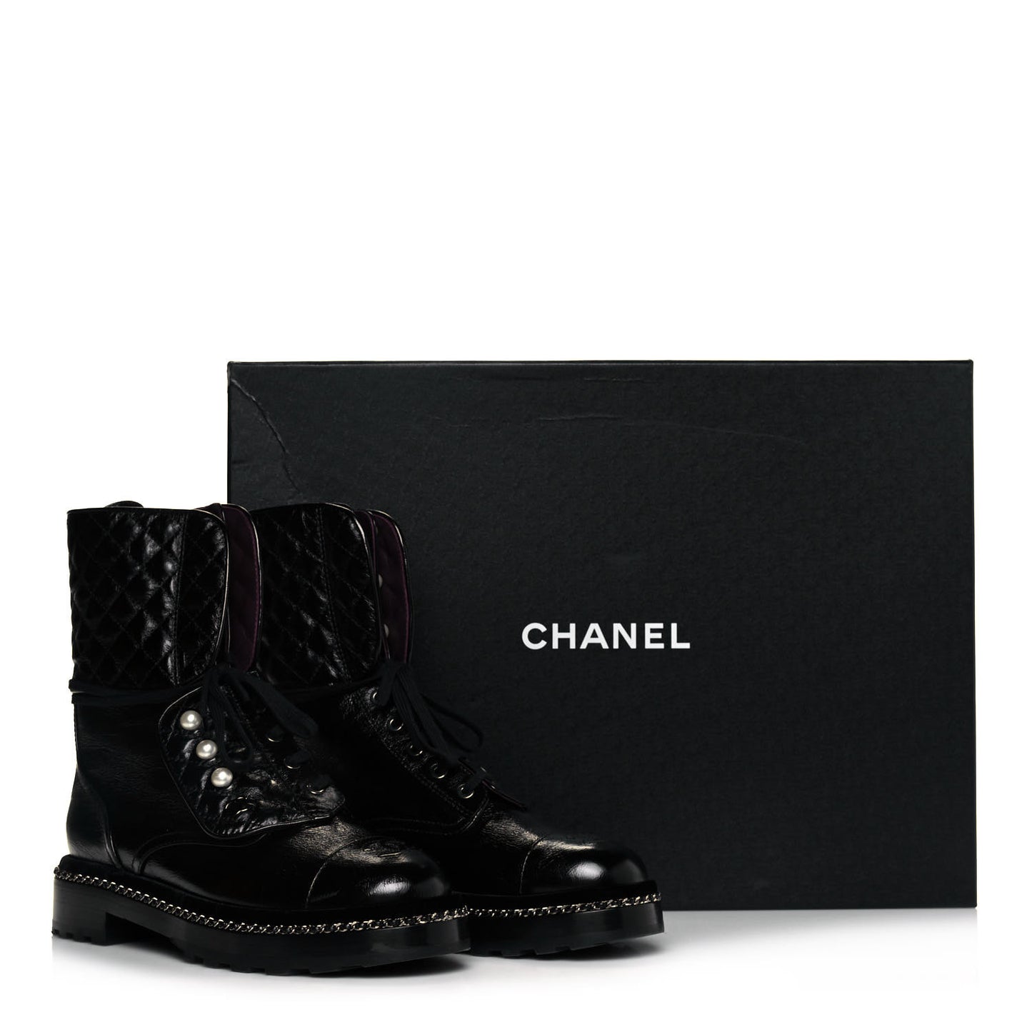Crackled Calfskin Velvet Pearl Combat Ankle Boots 39.5 Black