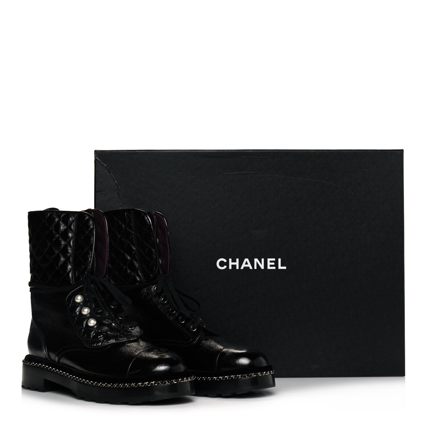 Chanel Crackled Calfskin Velvet Pearl Combat Ankle Boots 39.5 Black 8 of 8