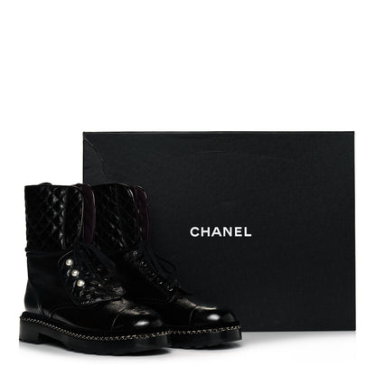 Chanel Crackled Calfskin Velvet Pearl Combat Ankle Boots 39.5 Black 8 of 8