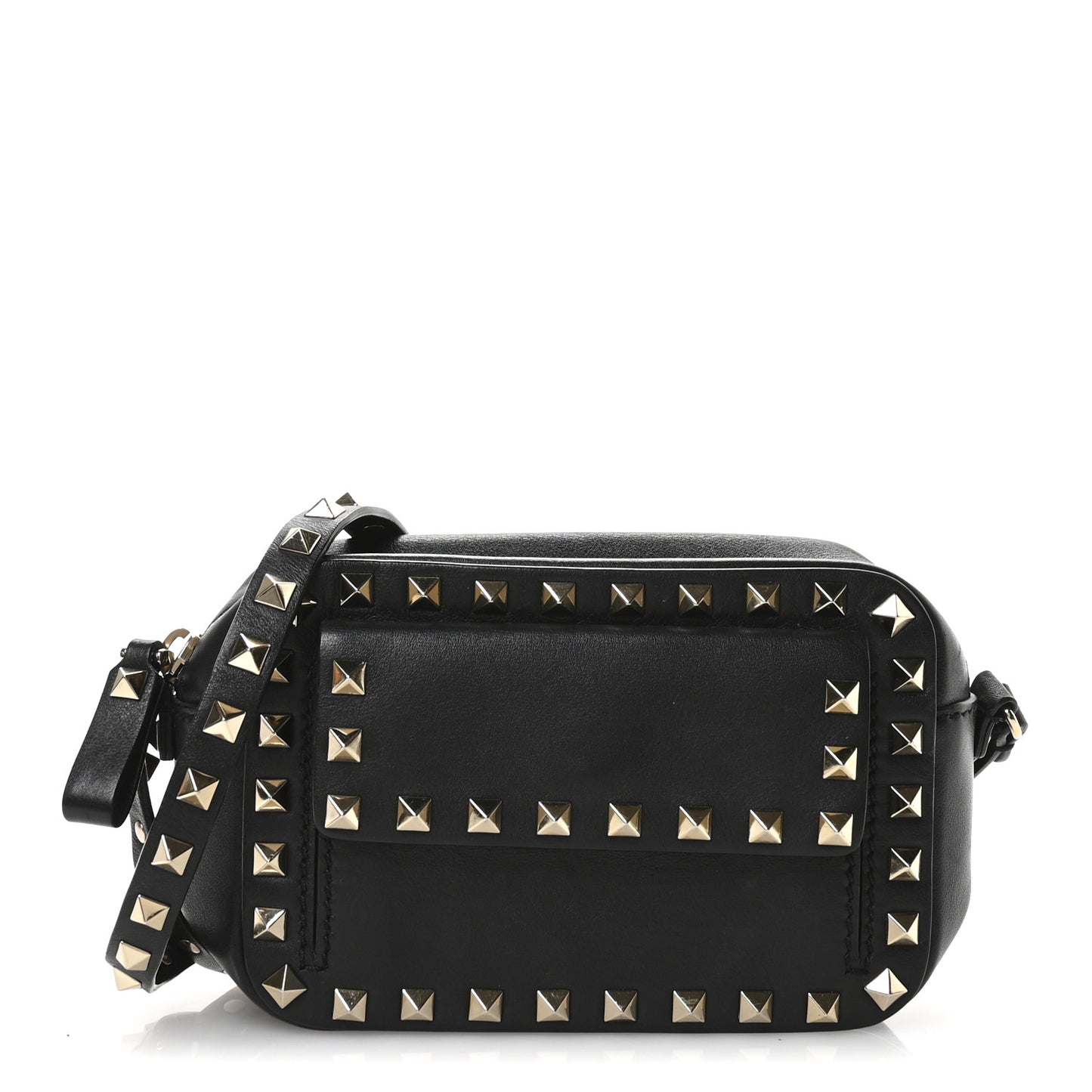 Grained Calfskin Small Rockstud Flap Pocket Camera Crossbody Bag Black