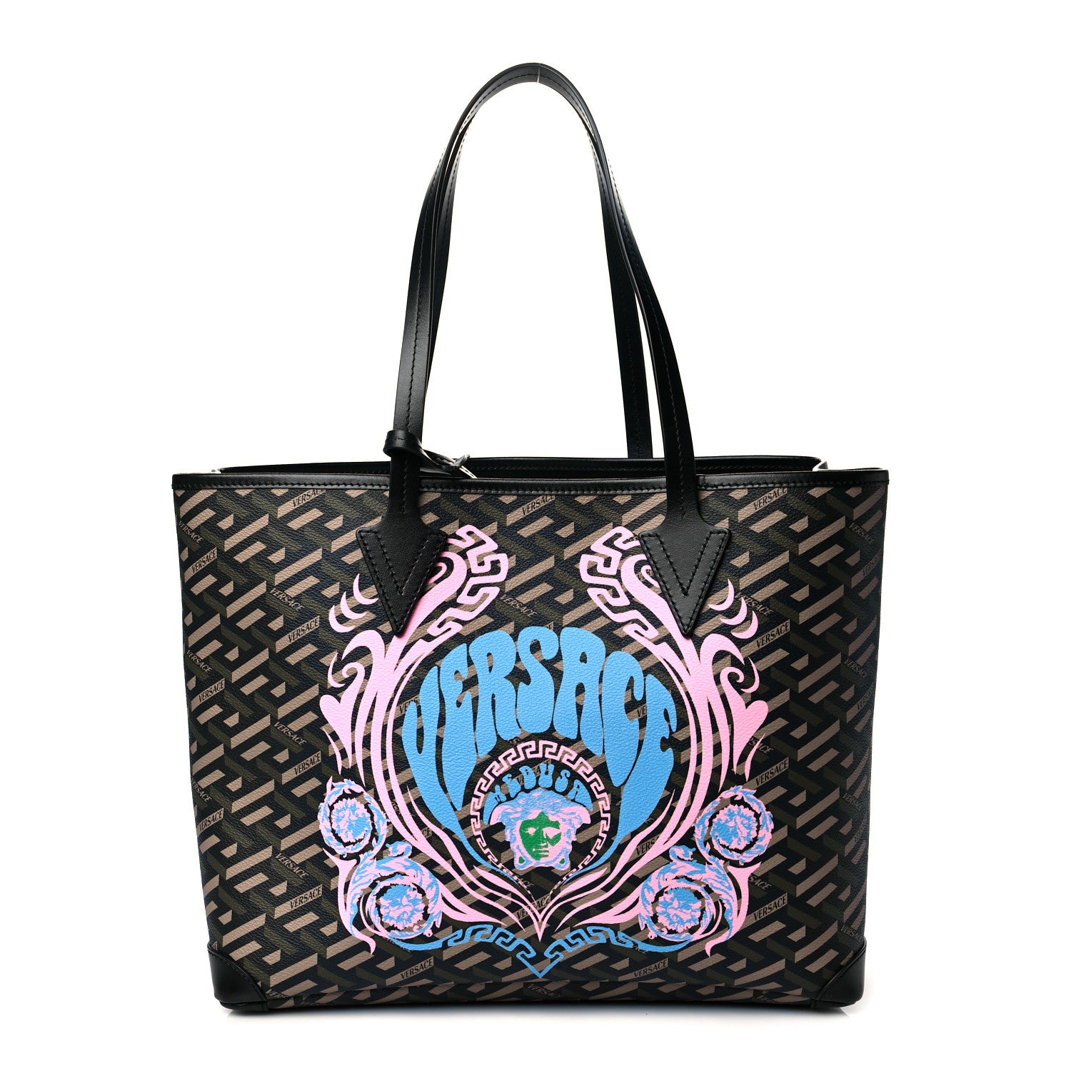 Versace Coated Canvas Calfskin La Greca Medusa Music Signature Shopper Tote Bag Black Khaki Multicolor 3 of 9
