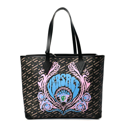 Versace Coated Canvas Calfskin La Greca Medusa Music Signature Shopper Tote Bag Black Khaki Multicolor 3 of 9