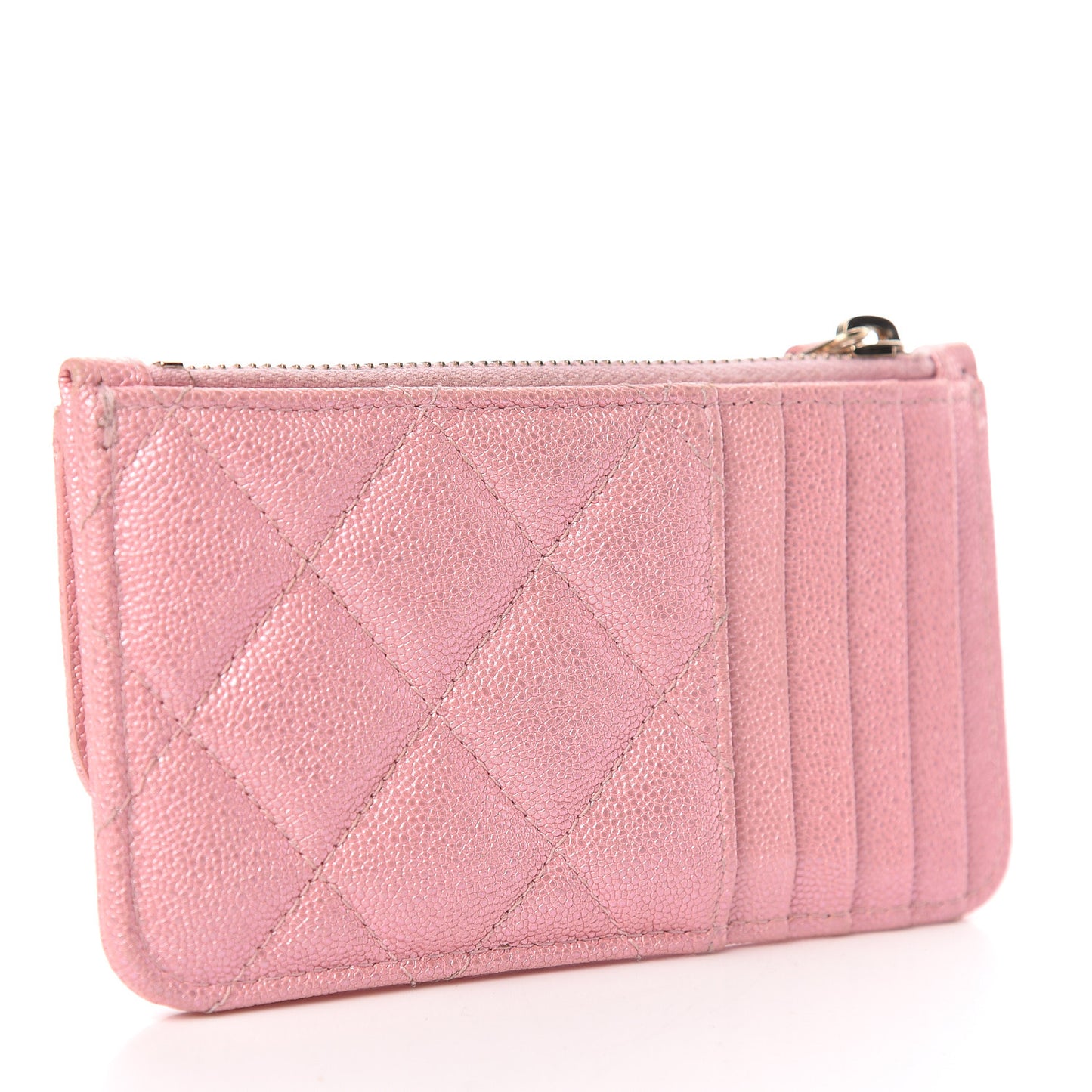 Iridescent Caviar Quilted Flap Zip Card Holder Pink