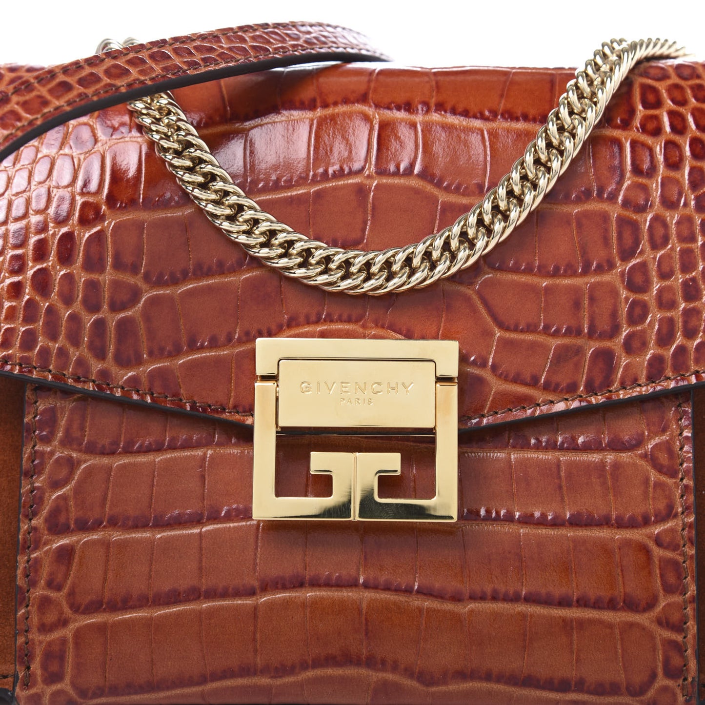Calfskin Crocodile Embossed Suede Small GV3 Shoulder Bag Cognac