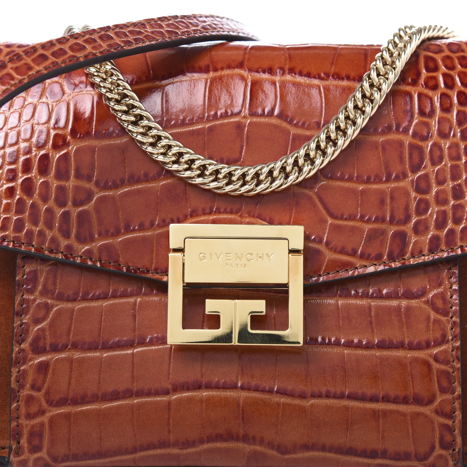 Givenchy Calfskin Crocodile Embossed Suede Small GV3 Shoulder Bag Cognac 9 of 9