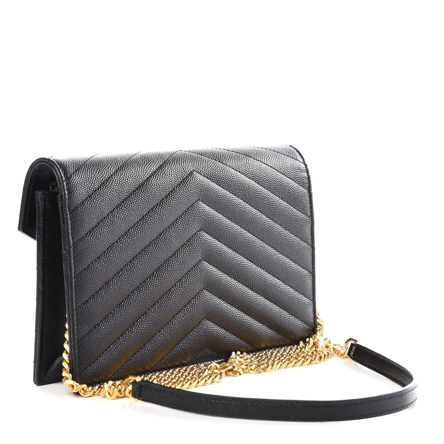 Grain De Poudre Matelasse Chevron Monogram Envelope Chain Wallet Black