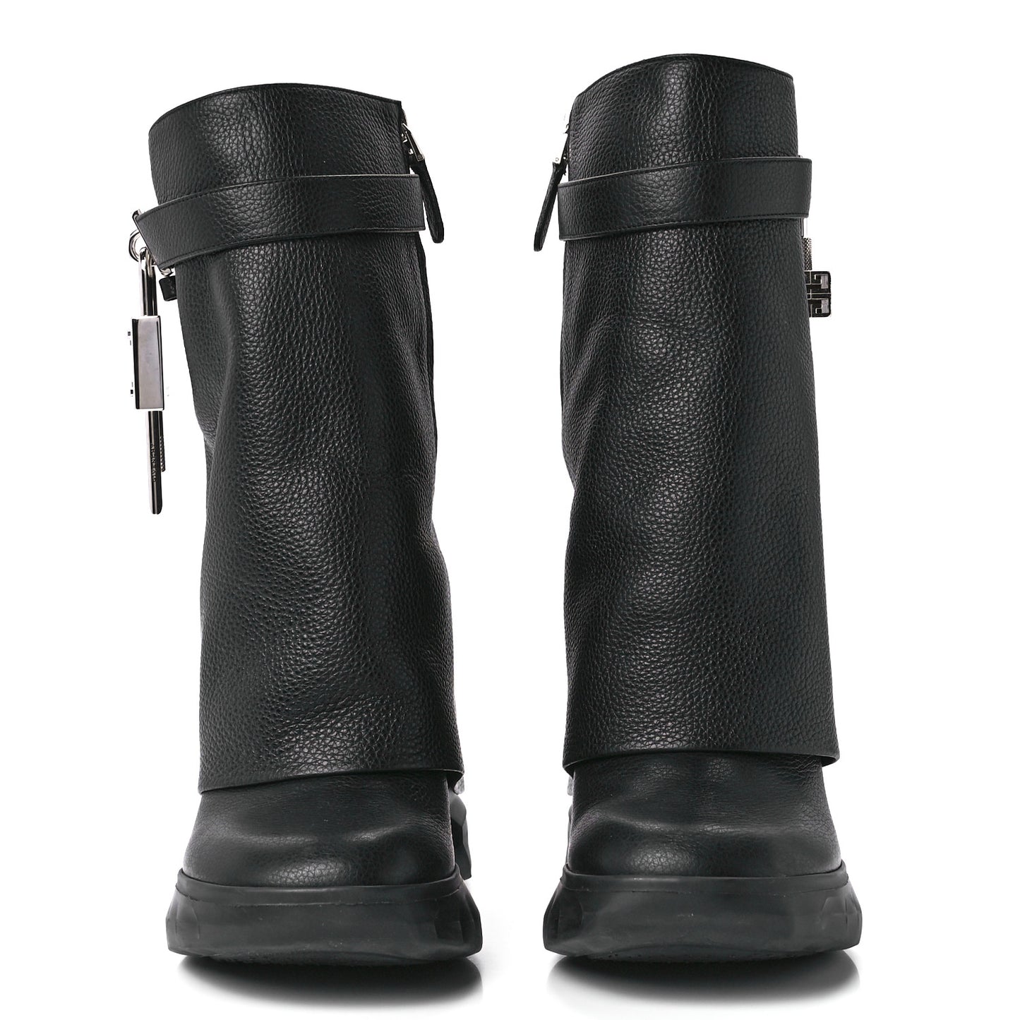 Grained Calfskin Shark Lock Biker Ankle Boots 38 Black