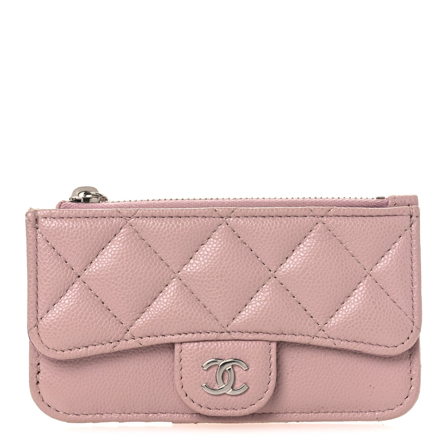 Caviar Quilted Flap Zip Card Holder Light Pink