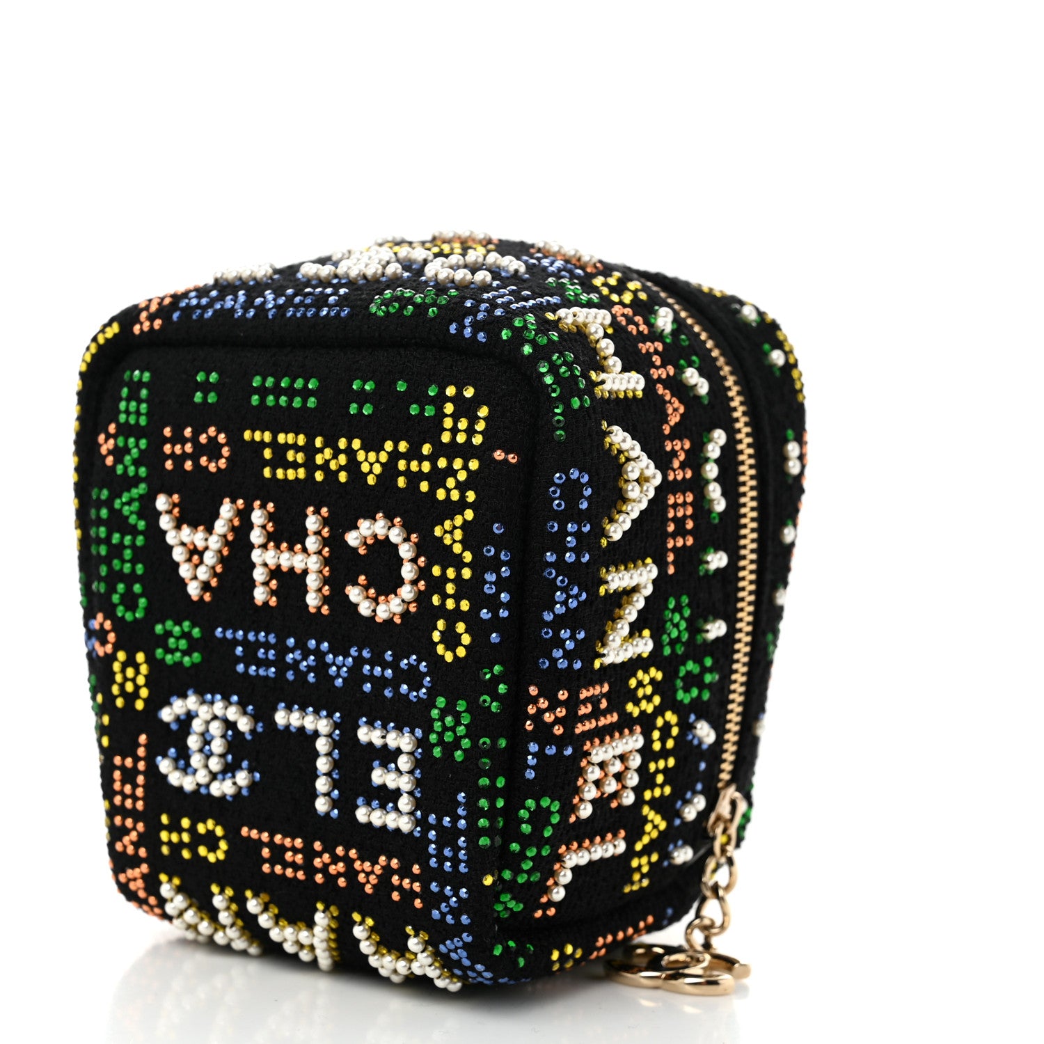 Chanel Tweed Pearl Studded Vanity Wrist Case With Chain Black Multicolor 10 of 11
