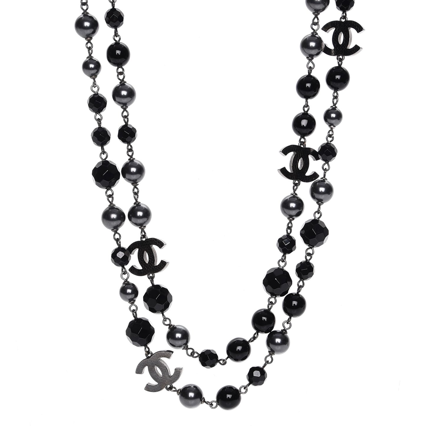 Pearl Bead Enamel CC Long Necklace Silver Black Grey