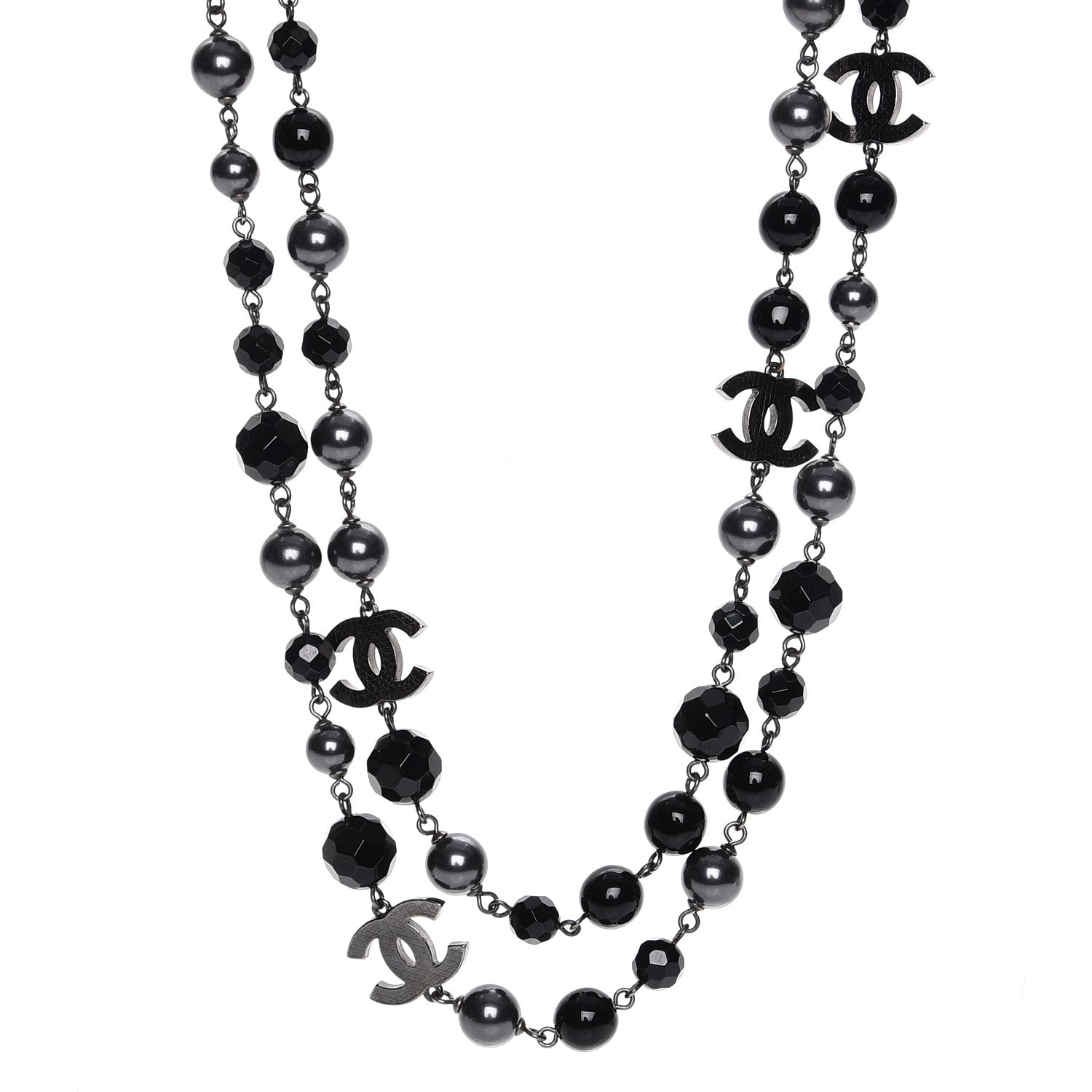 Chanel Pearl Bead Enamel CC Long Necklace Silver Black Grey 1 of 8