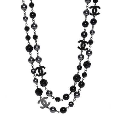 Chanel Pearl Bead Enamel CC Long Necklace Silver Black Grey 1 of 8
