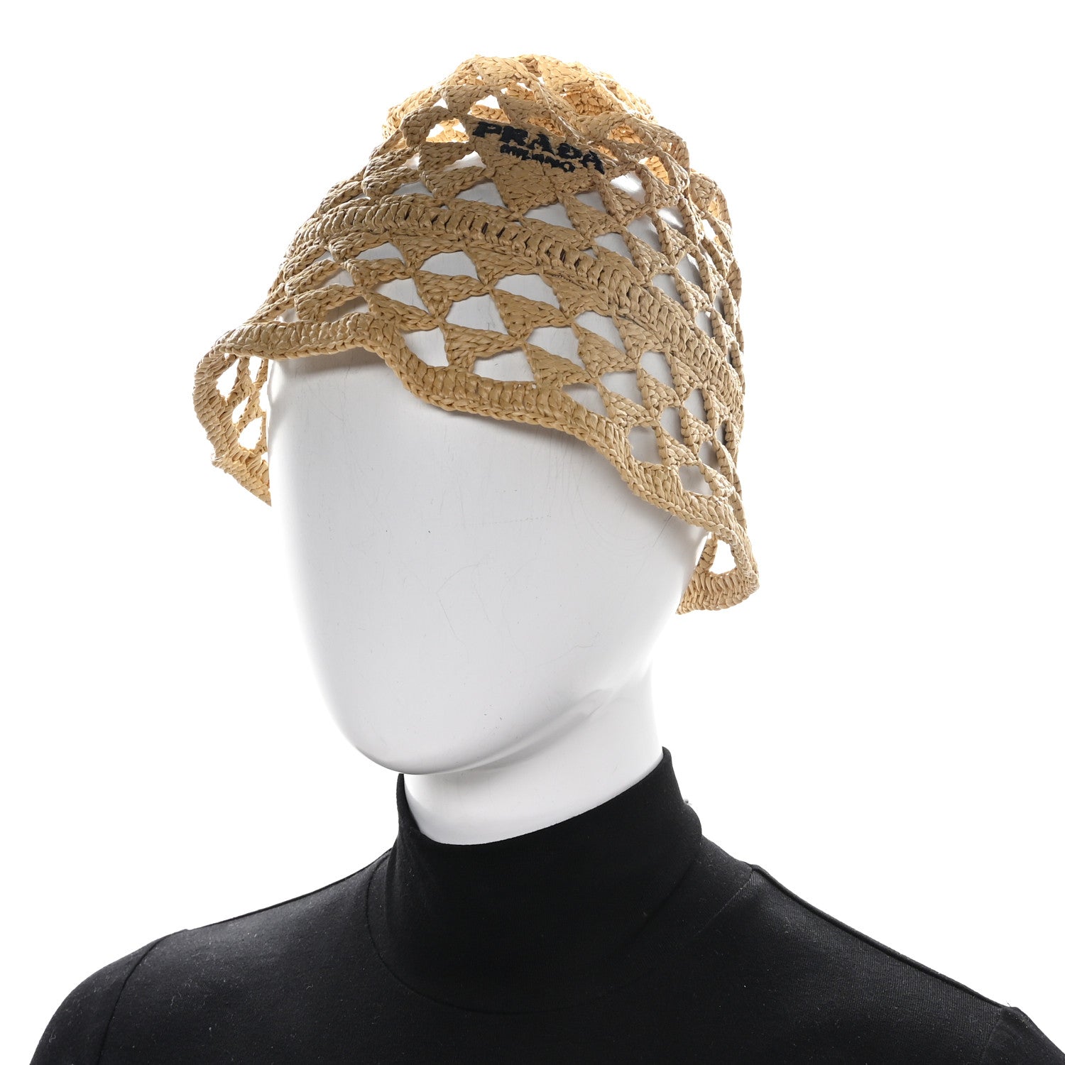 Prada Raffia Effect Crochet Logo Embroidered Bucket Hat M Naturale 2 of 9