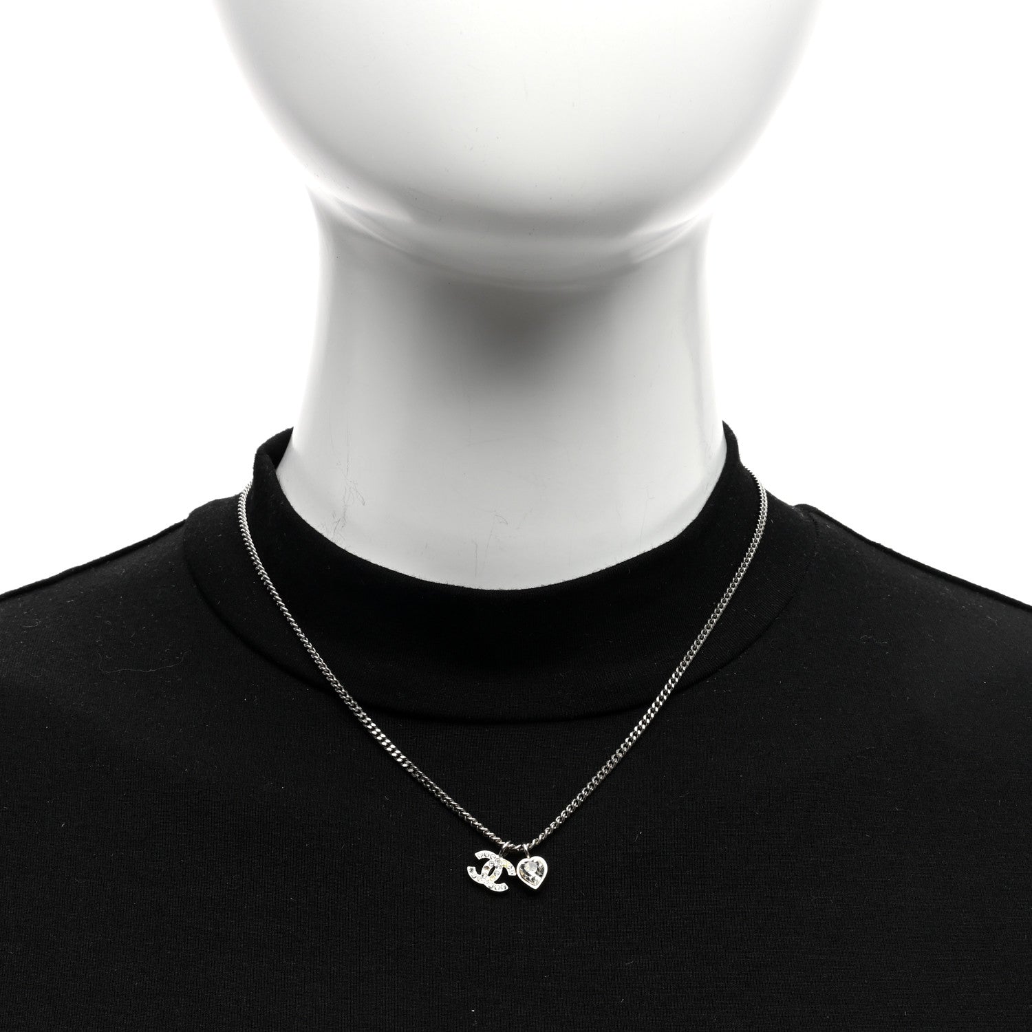 Chanel Crystal Mini Heart CC Necklace Silver 2 of 4