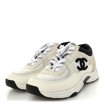 Chanel Mesh Suede Grained Calfskin Womens CC Sneakers 37 White Black 4 of 9