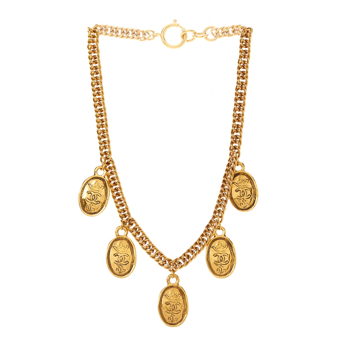 Metal Regal Crown CC Medallion Necklace Aged Gold
