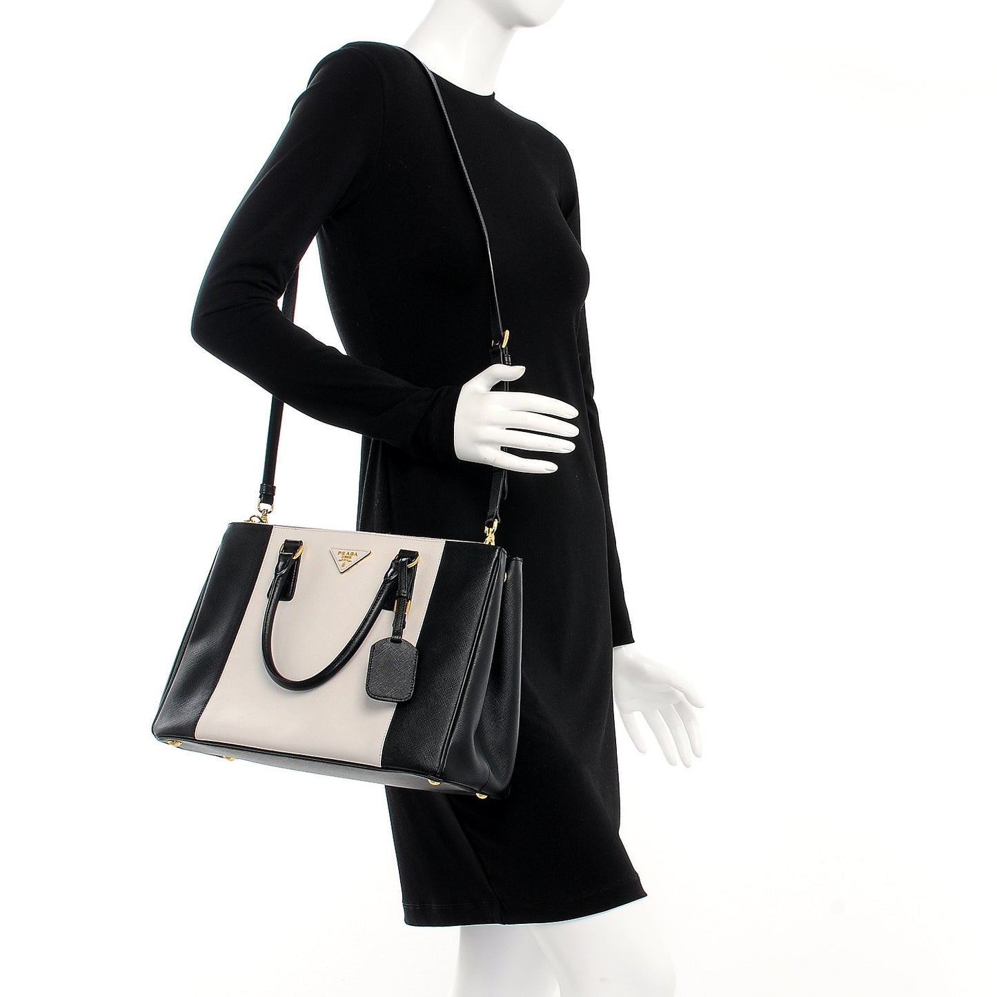 Saffiano Lux Colorblock Medium Galleria Double Zip Tote Black Talco