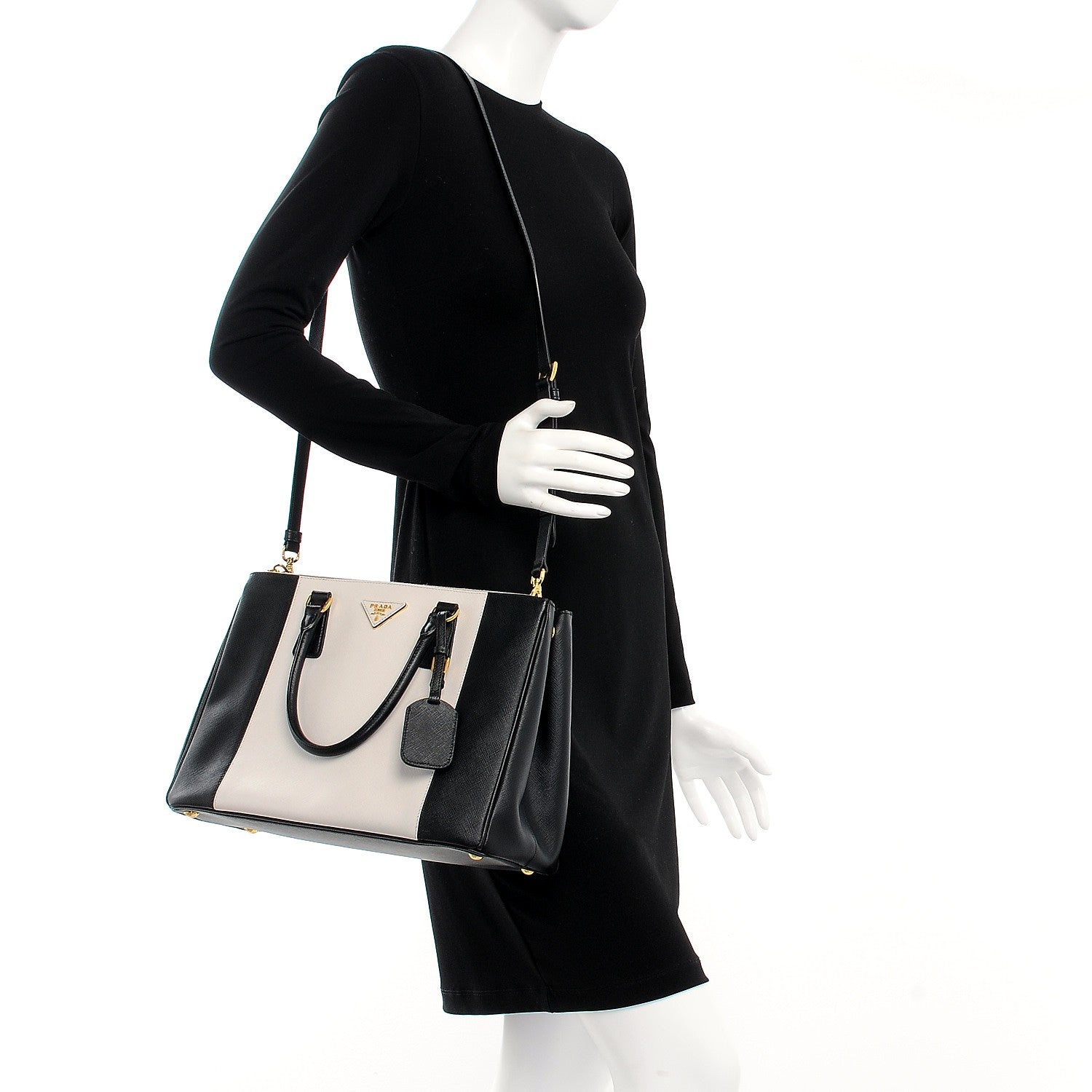 Prada Saffiano Lux Colorblock Medium Galleria Double Zip Tote Black Talco 3 of 14