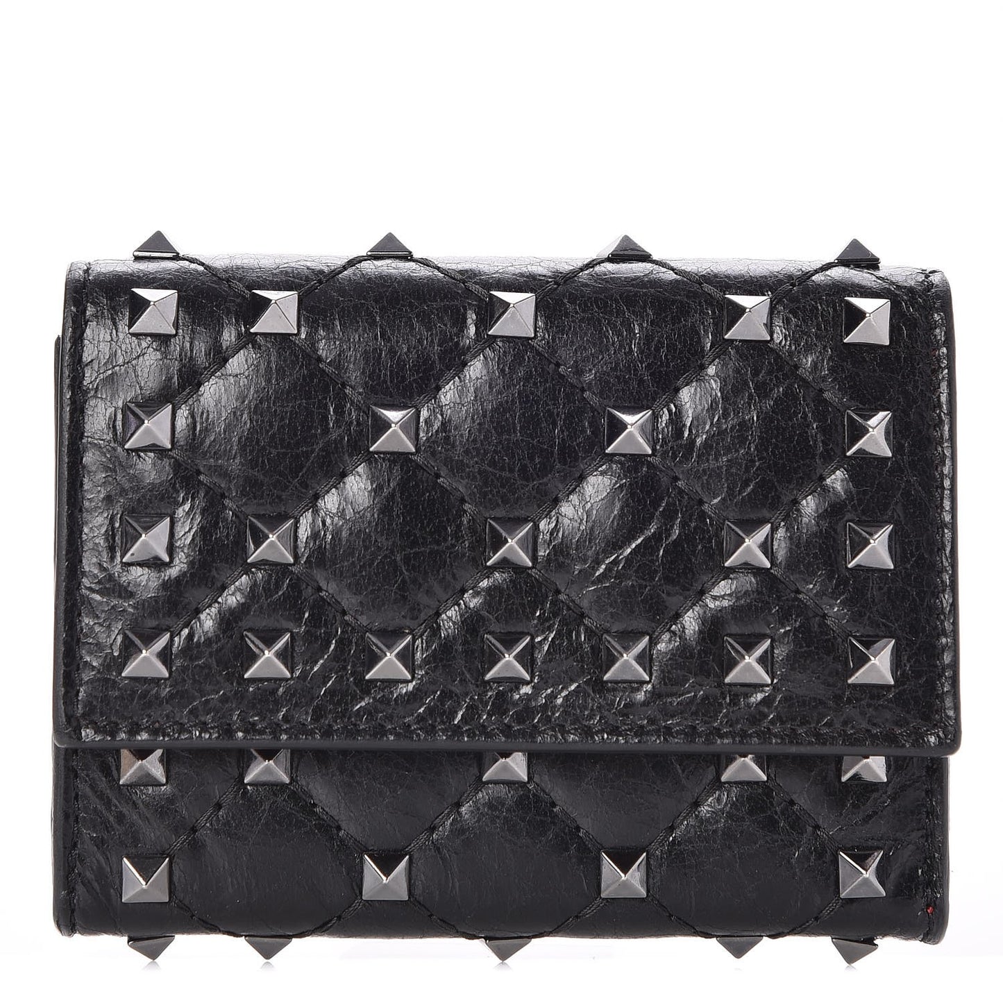 Craquele Nappa Rockstud Spike Bi-Fold Card Holder Black