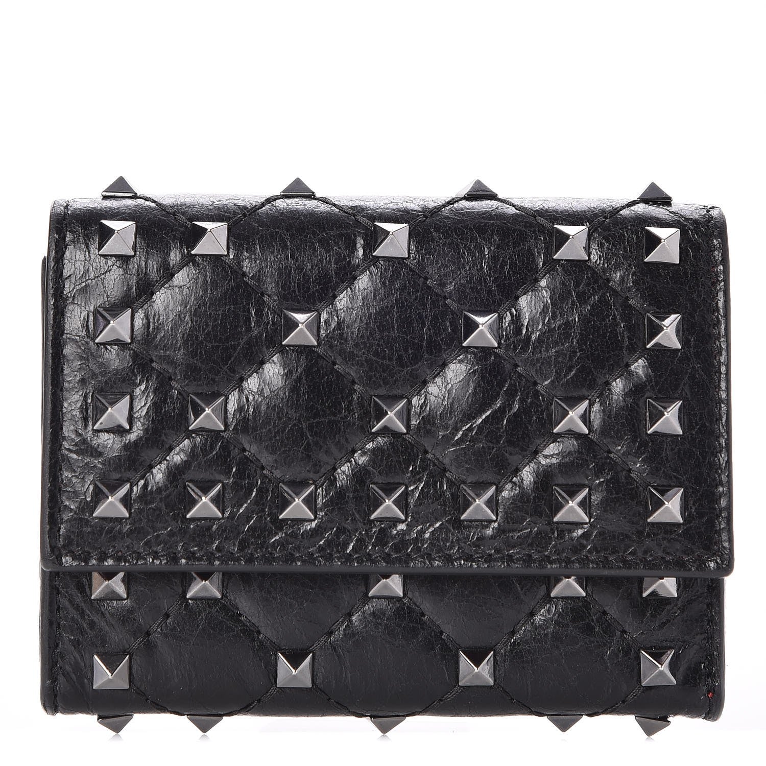 Valentino Garavani Craquele Nappa Rockstud Spike Bi-Fold Card Holder Black 1 of 8