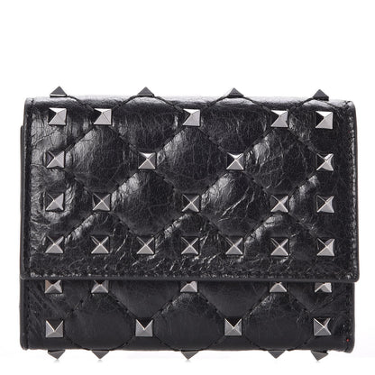 Valentino Garavani Craquele Nappa Rockstud Spike Bi-Fold Card Holder Black 1 of 8