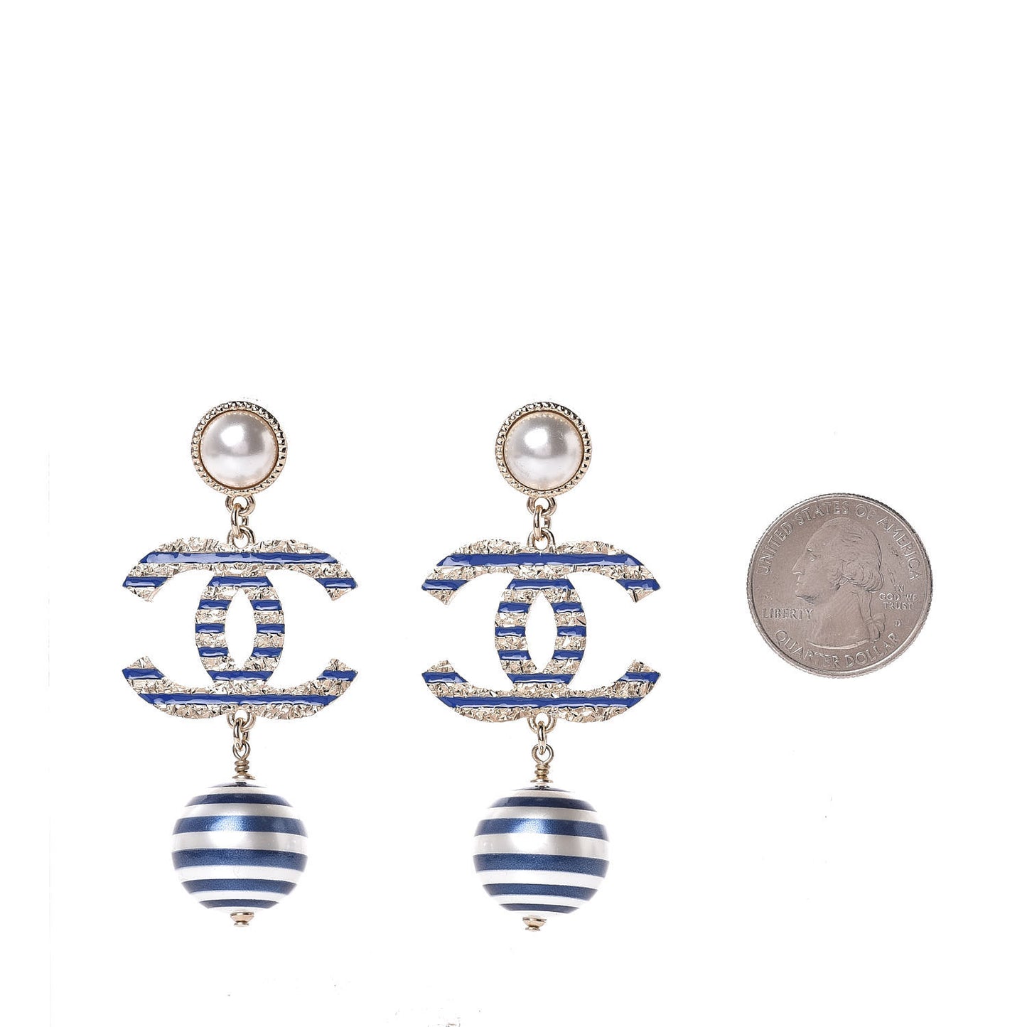 Resin Pearl Striped CC Drop Earrings Blue Gold