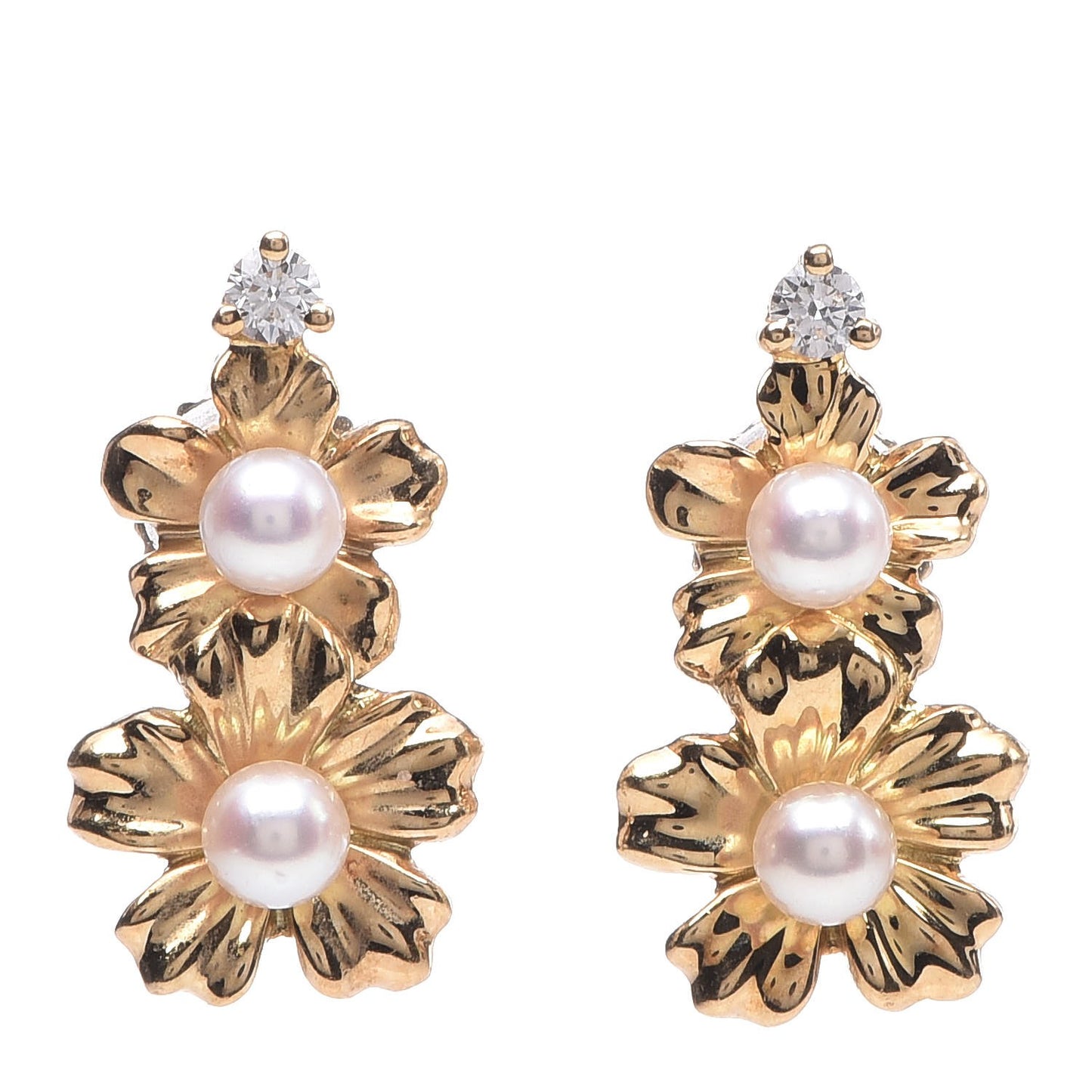 18K Yellow Gold Diamond Akoya Pearl Flower Drop Earrings