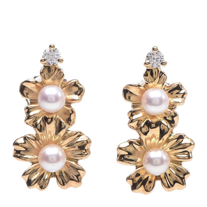 Mikimoto 18K Yellow Gold Diamond Akoya Pearl Flower Drop Earrings 1 of 5