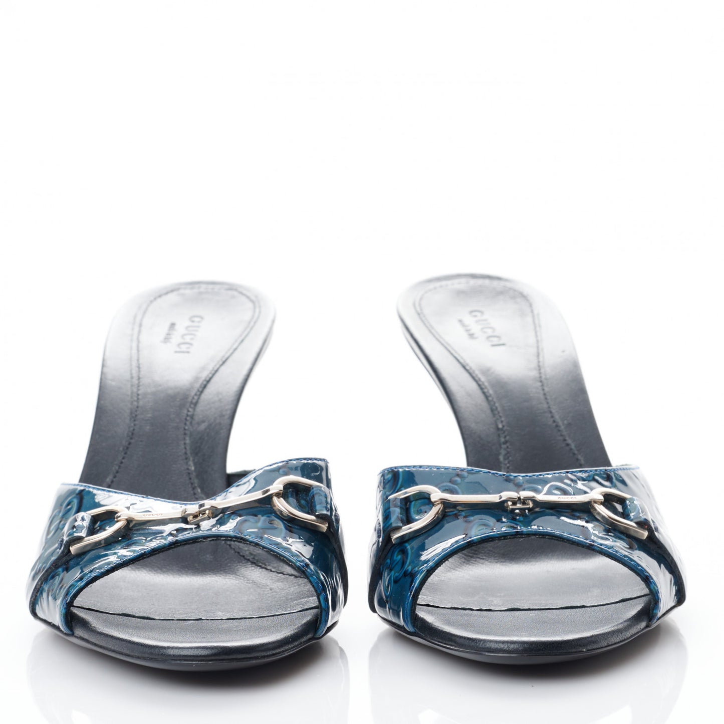 Patent Guccissima Horsebit Mid Heel Slides 38.5 Royal Blu