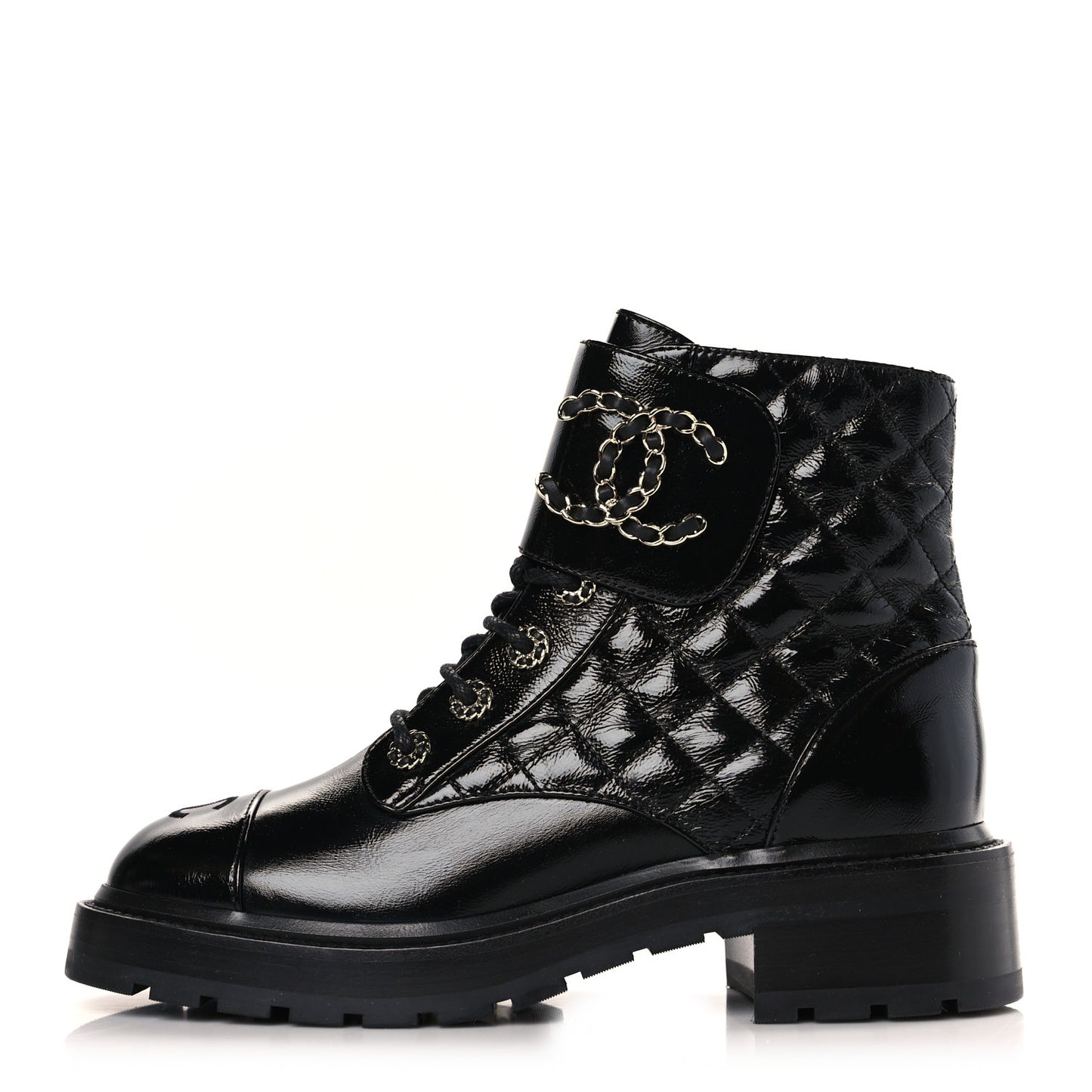 Shiny Goatskin Calfskin Quilted Lace Up Combat Boots 38 Black