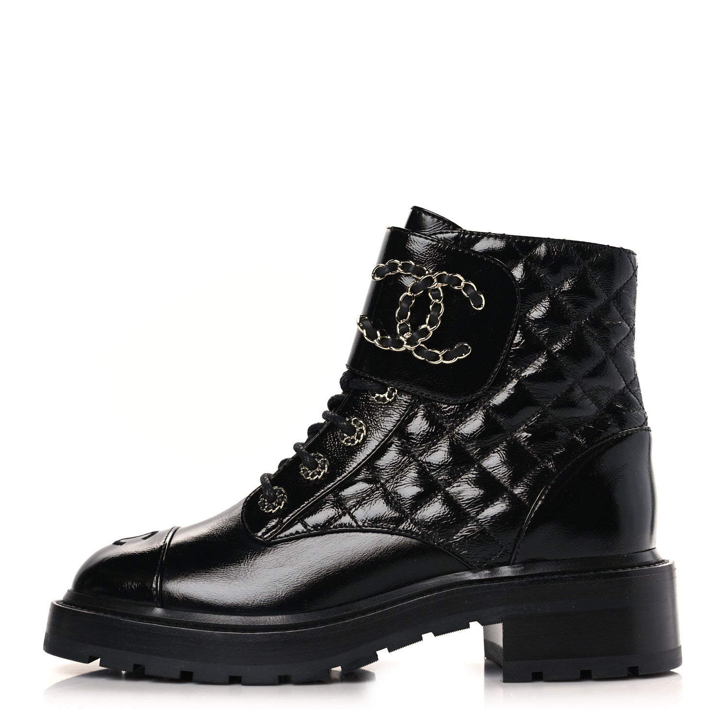 Chanel Shiny Goatskin Calfskin Quilted Lace Up Combat Boots 38 Black 1 of 7