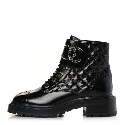 Chanel Shiny Goatskin Calfskin Quilted Lace Up Combat Boots 38 Black 1 of 7