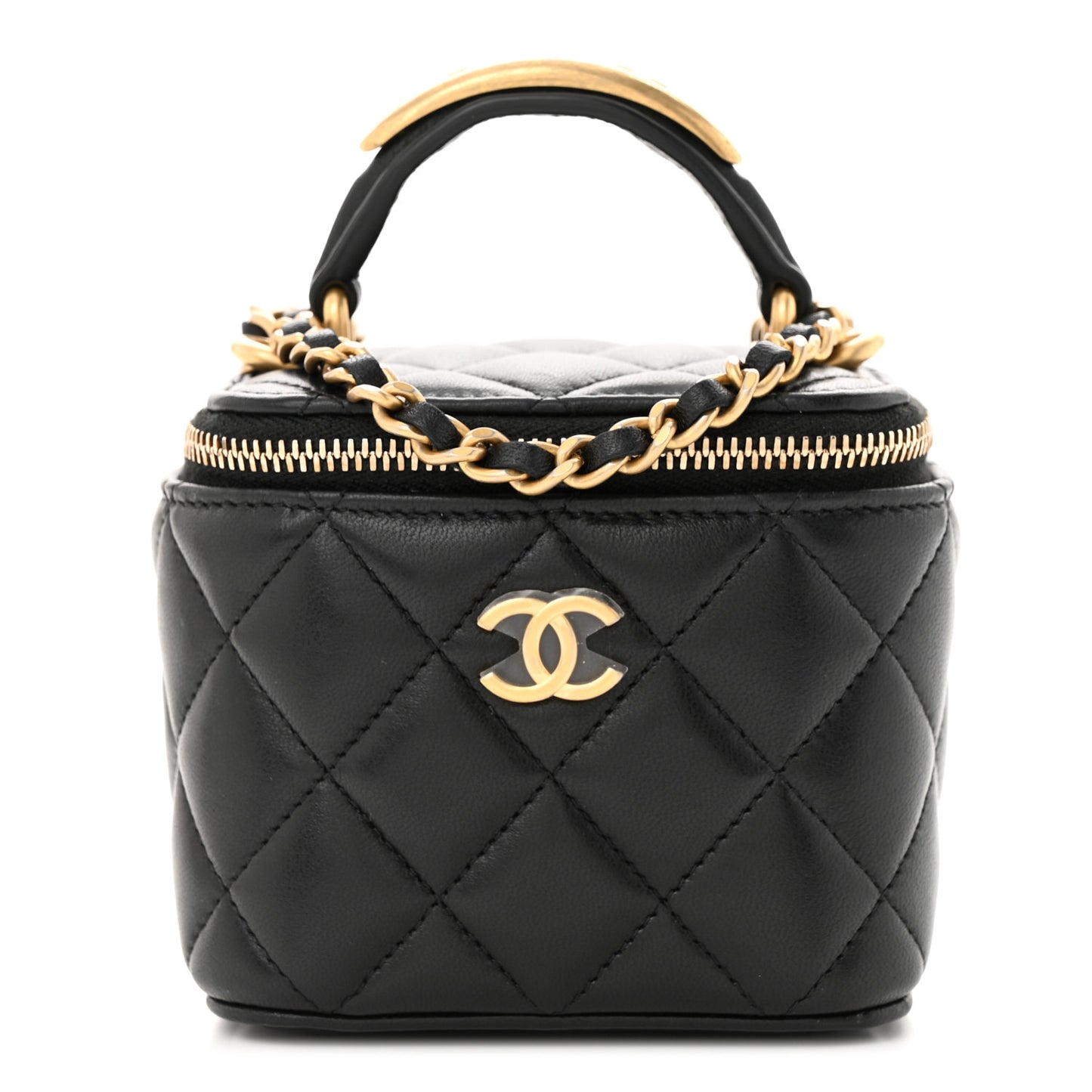 Lambskin Quilted Metal Mini Top Handle Vanity Case With Chain Black