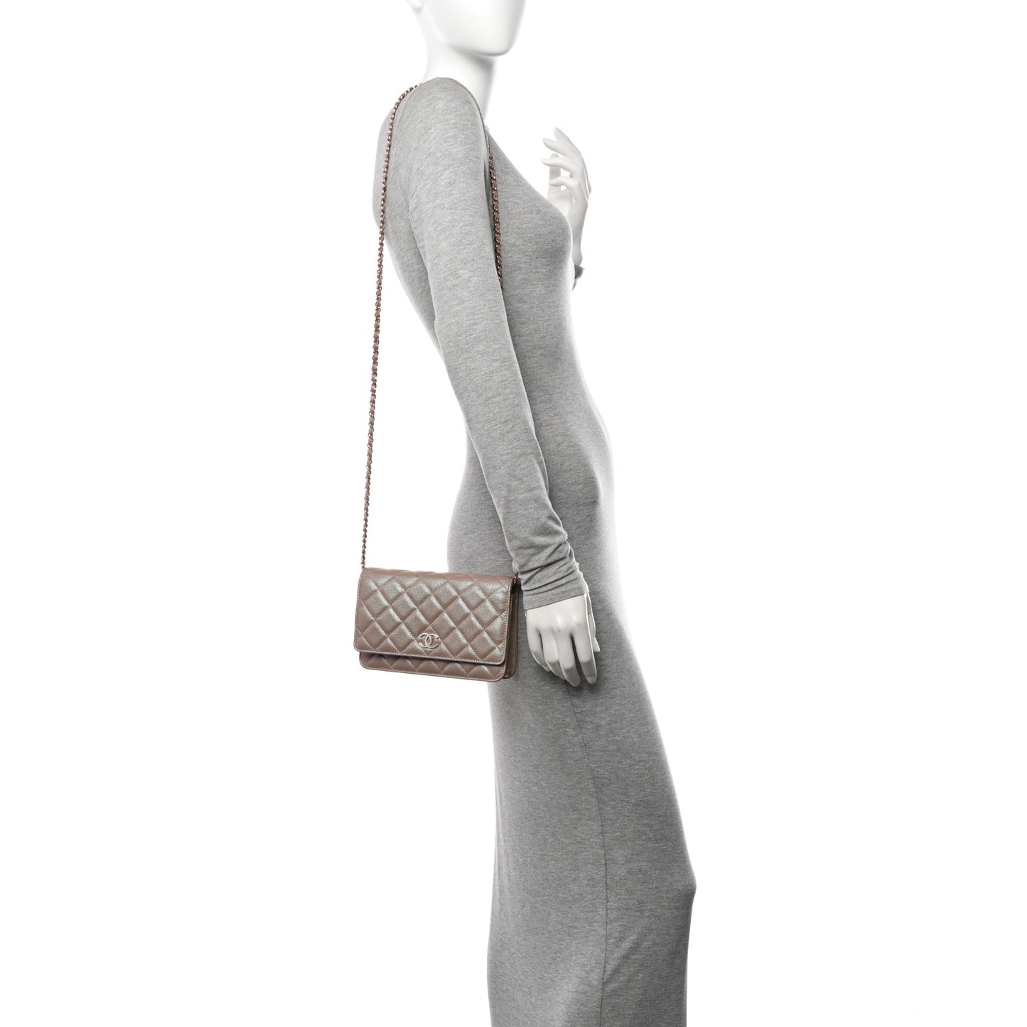 Iridescent Caviar Quilted Wallet on Chain WOC Beige