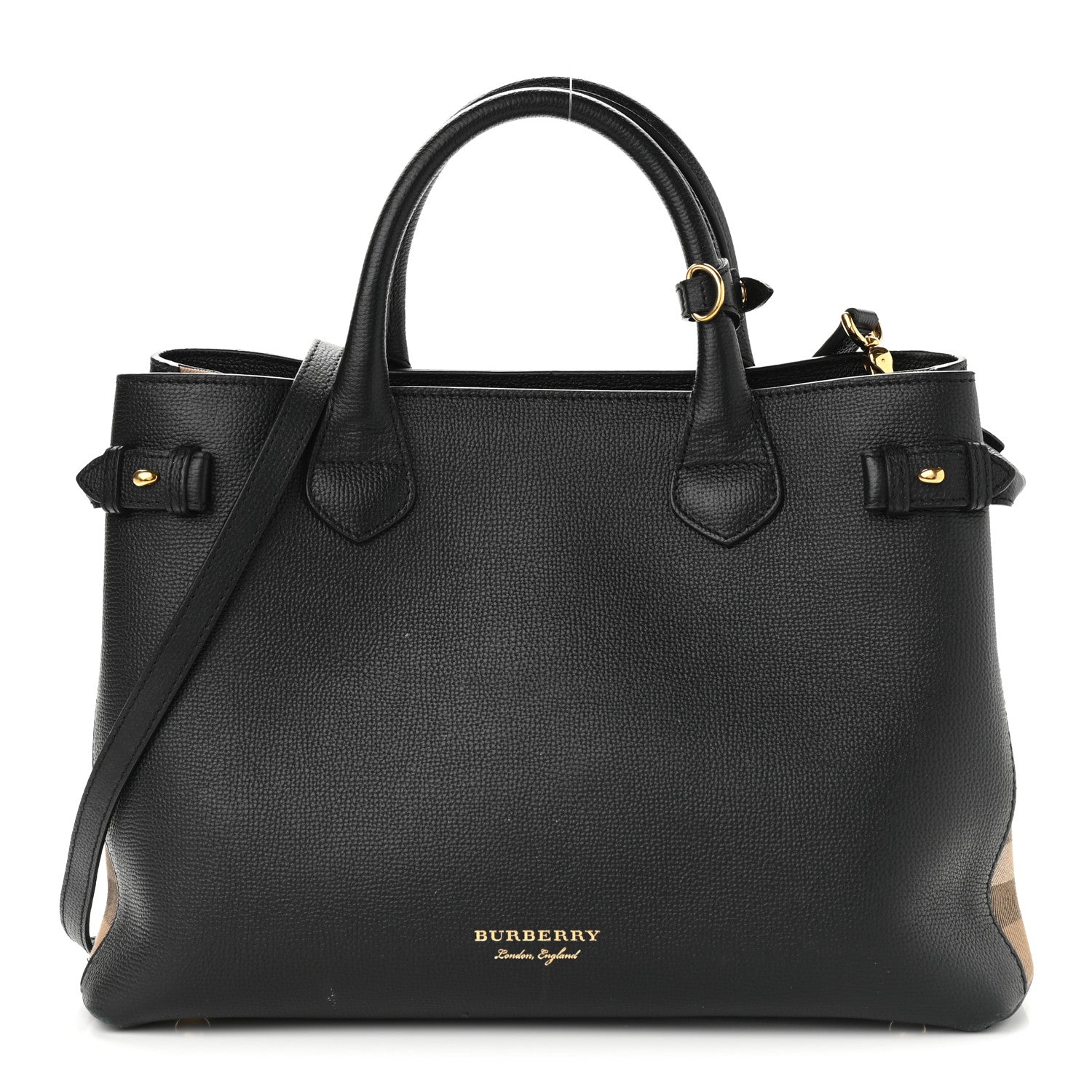 Burberry Grainy Calfskin House Check Medium Banner Tote Black 1 of 17