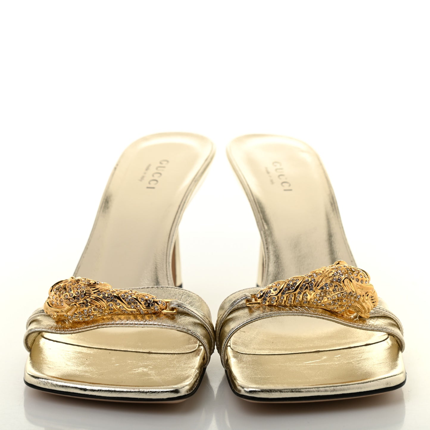 Metallic Nappa Dora Tiger Head Mid Heel Slide Sandals 37.5 Gold