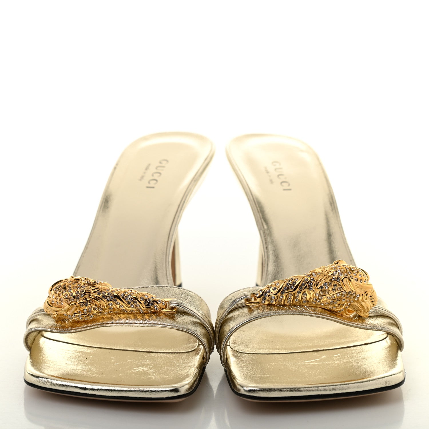 Gucci Metallic Nappa Dora Tiger Head Mid Heel Slide Sandals 37.5 Gold 2 of 9