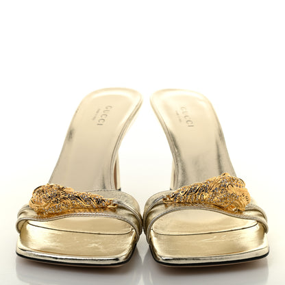 Gucci Metallic Nappa Dora Tiger Head Mid Heel Slide Sandals 37.5 Gold 2 of 9