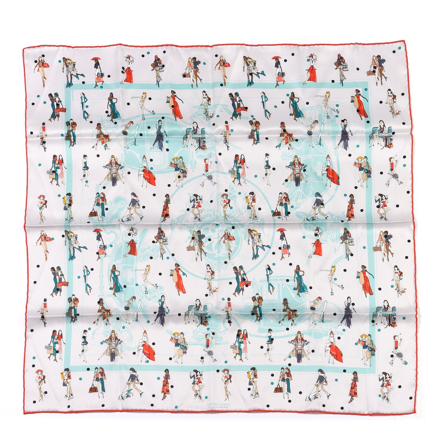Silk Ex-Libris Les Parisiennes Scarf 70 Argent Vert D'eau Rouge Tomate