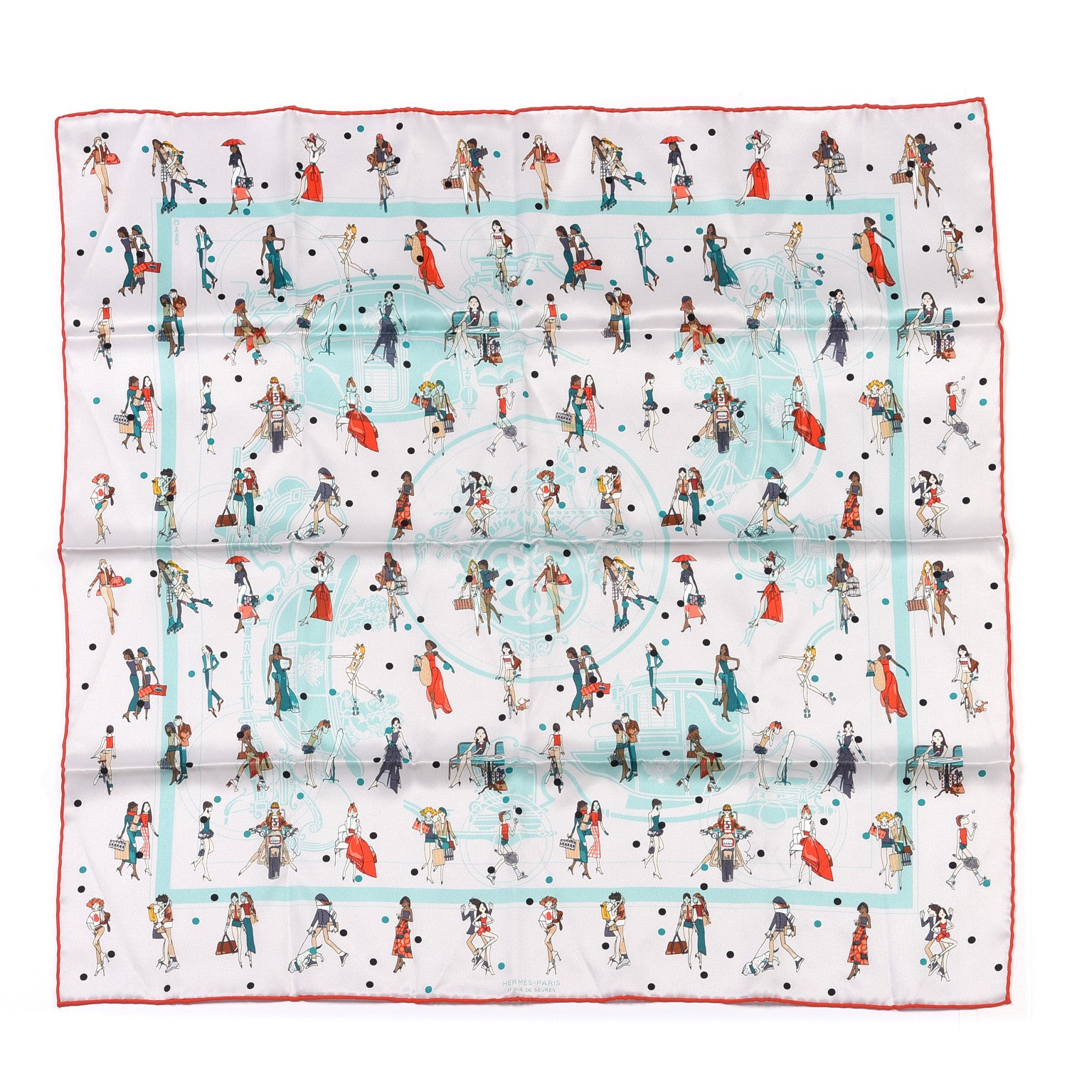 Hermes Silk Ex-Libris Les Parisiennes Scarf 70 Argent Vert D'eau Rouge Tomate 2 of 8