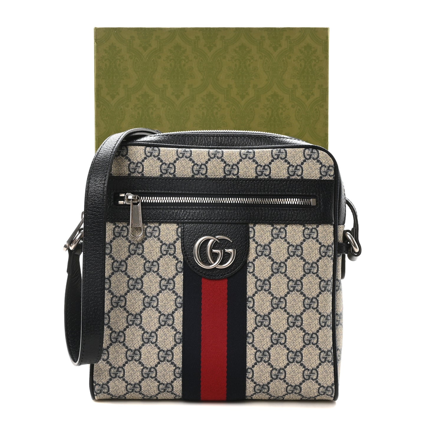 GG Supreme Monogram Textured Dollar Calfskin Web Small Ophidia Messenger Bag Beige Blue