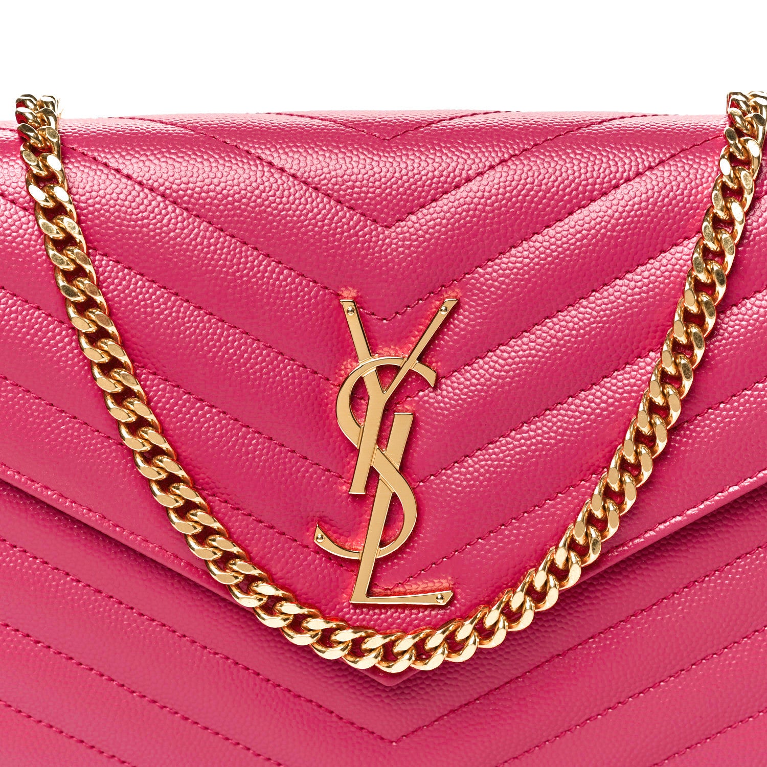 Saint Laurent Grain De Poudre Matelasse Chevron Monogram Chain Wallet Fuxia Couture 8 of 11