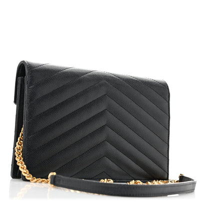 Saint Laurent Grain De Poudre Matelasse Chevron Monogram Envelope Chain Wallet Black 3 of 12